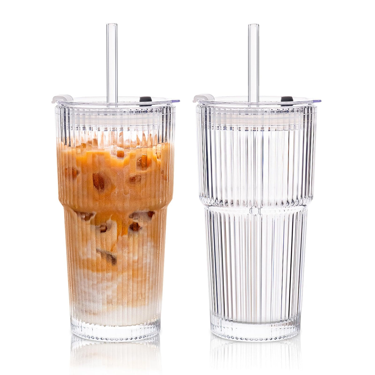 KEMORELA: dos vasos de cristal acanalados 20 onzas con tapas, ideales para bebidas refrescantes.
