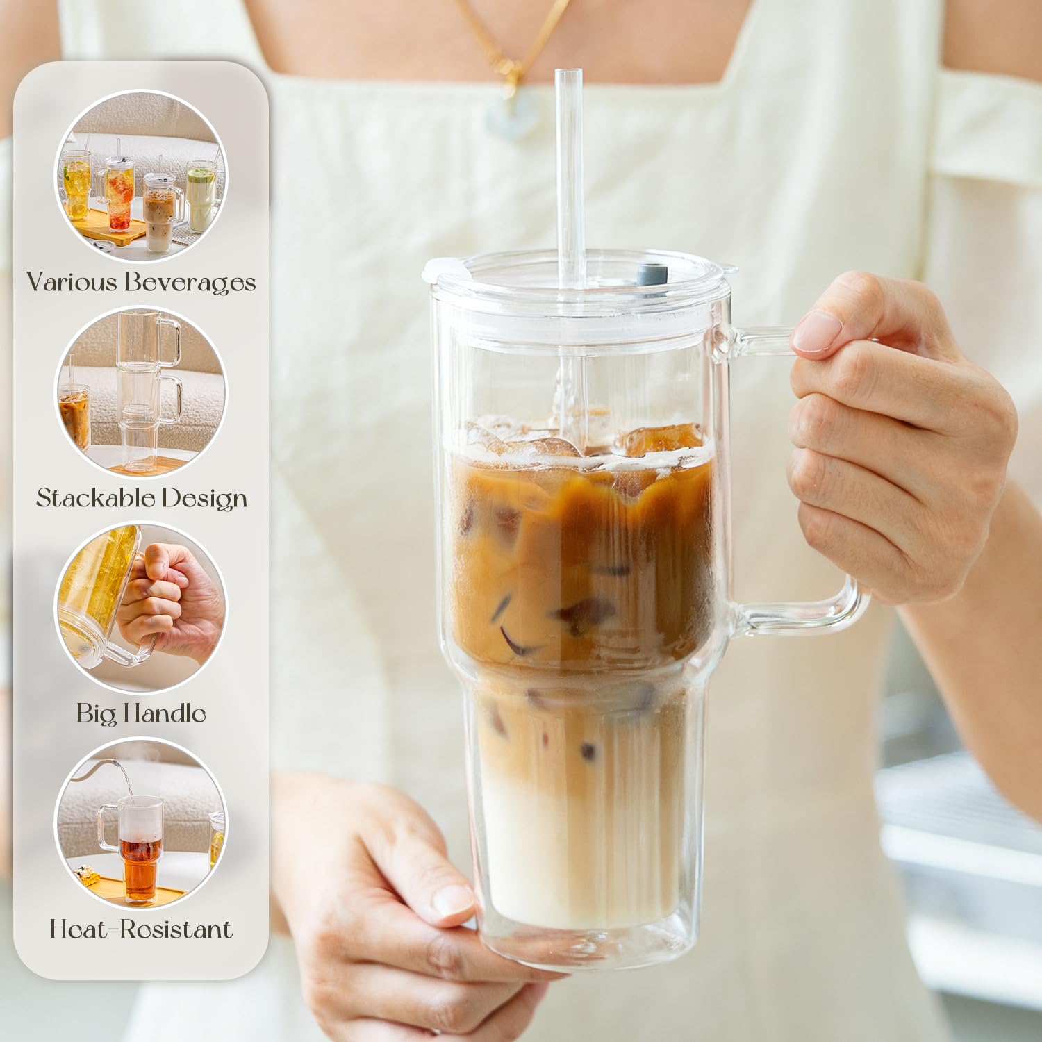 Vaso KEMORELA con mango ergonómico, ideal para transportar.