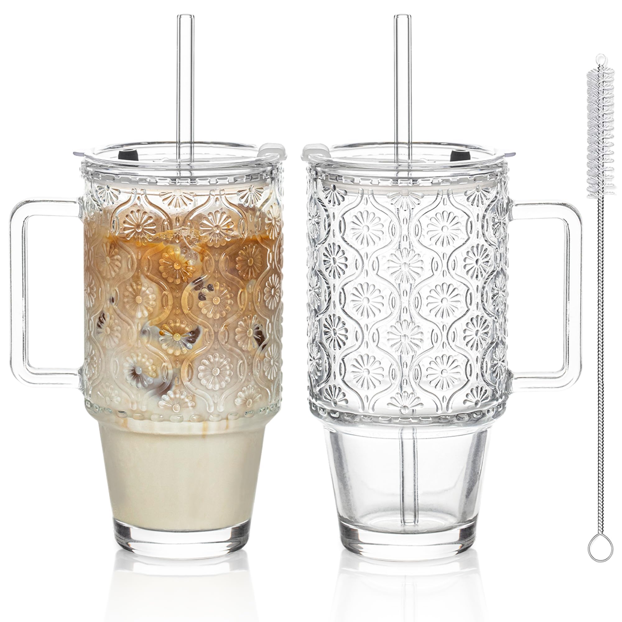 KEMORELA vaso de vidrio 24oz con tapa y pajilla para bebidas frías sin derrames.