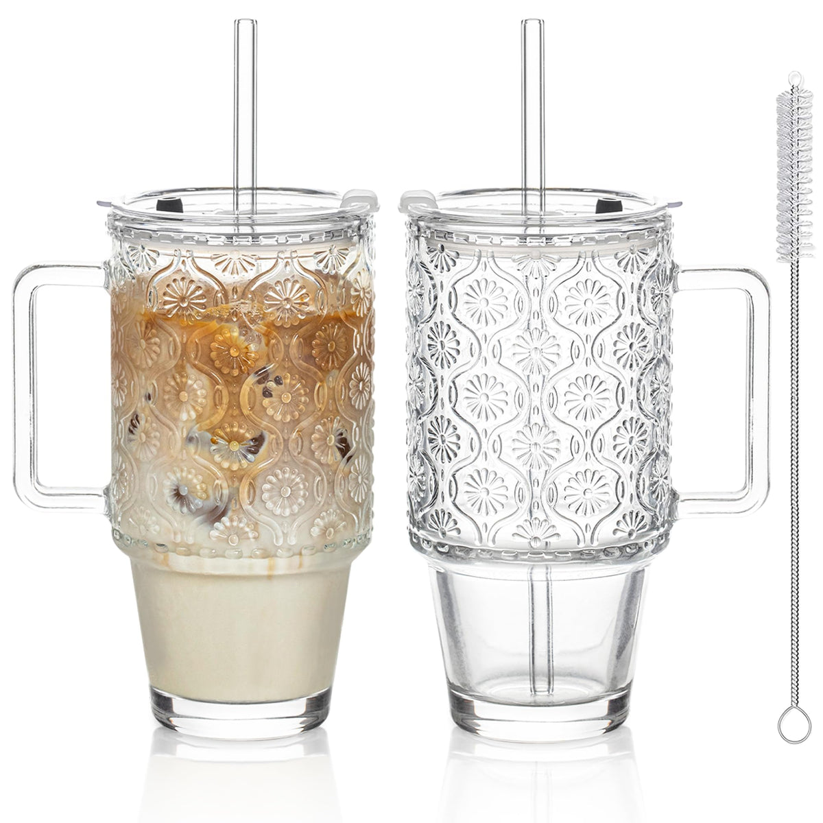 KEMORELA vaso de vidrio 24oz con tapa y pajilla para bebidas frías sin derrames.