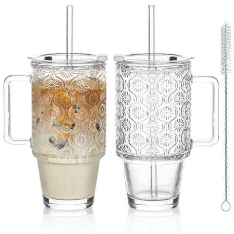 KEMORELA vaso de vidrio 24oz con tapa y pajilla para bebidas frías sin derrames.