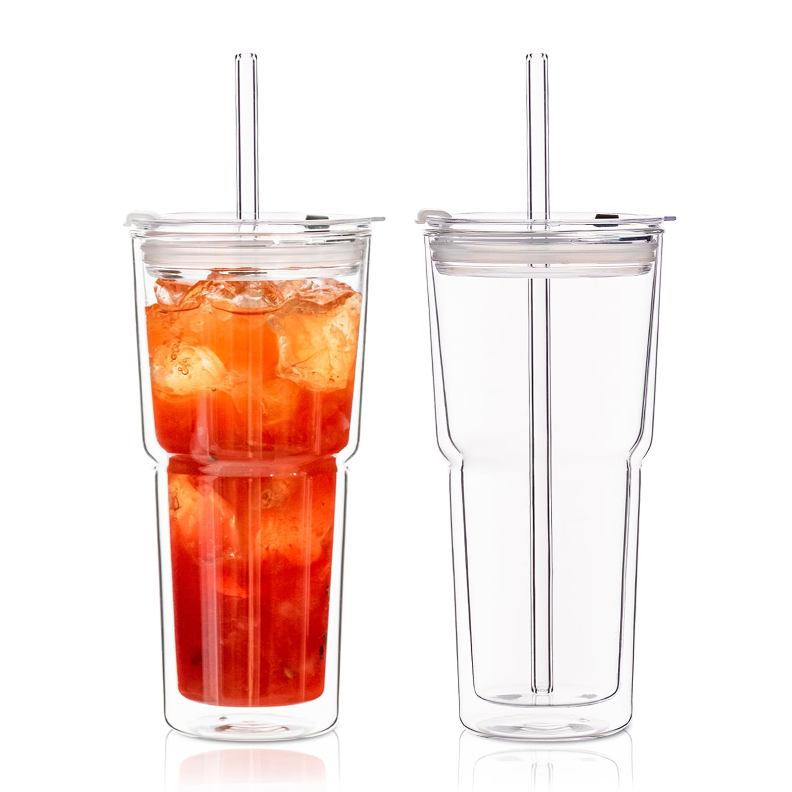 Vaso KEMORELA de vidrio doble pared 20oz con tapas y pajitas para bebidas frías.