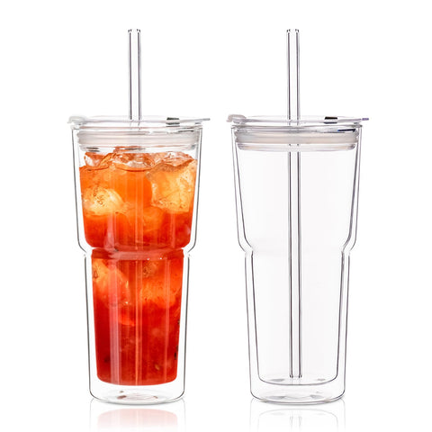 Vaso KEMORELA de vidrio doble pared 20oz con tapas y pajitas para bebidas frías.