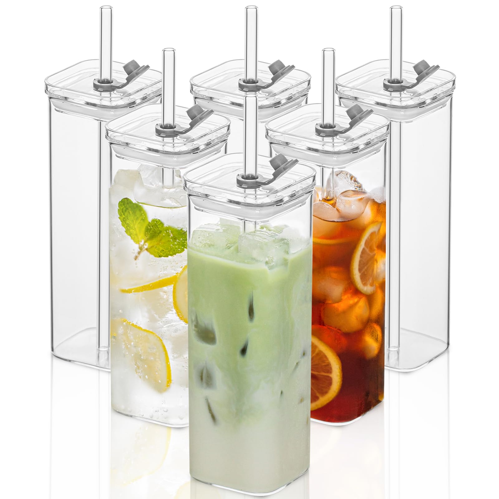 KEMORELA: vasos cuadrados de 17 oz con tapas y pajillas, ideales para cócteles.