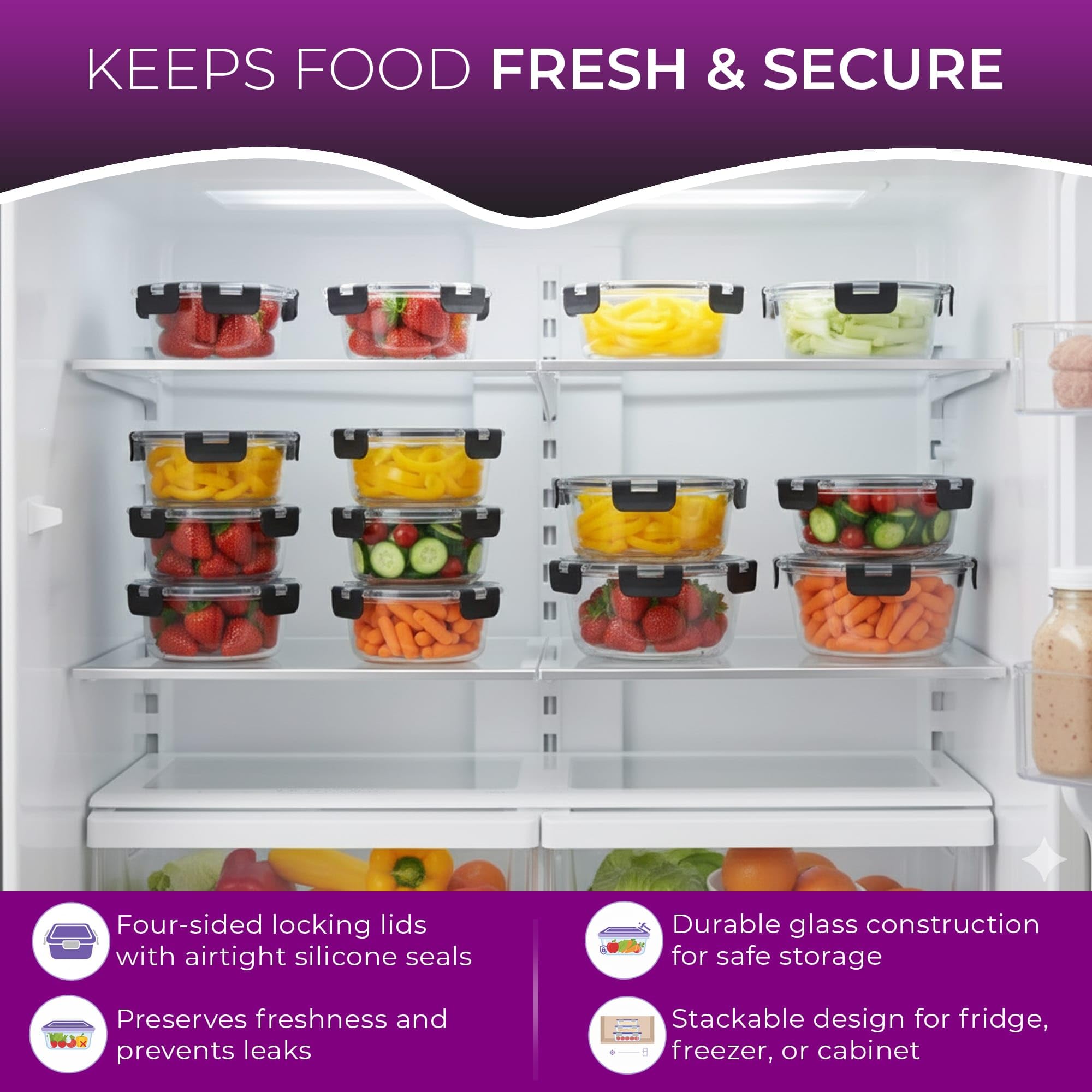 KEPSE diseño apilable ahorra espacio en refrigerador y despensa.