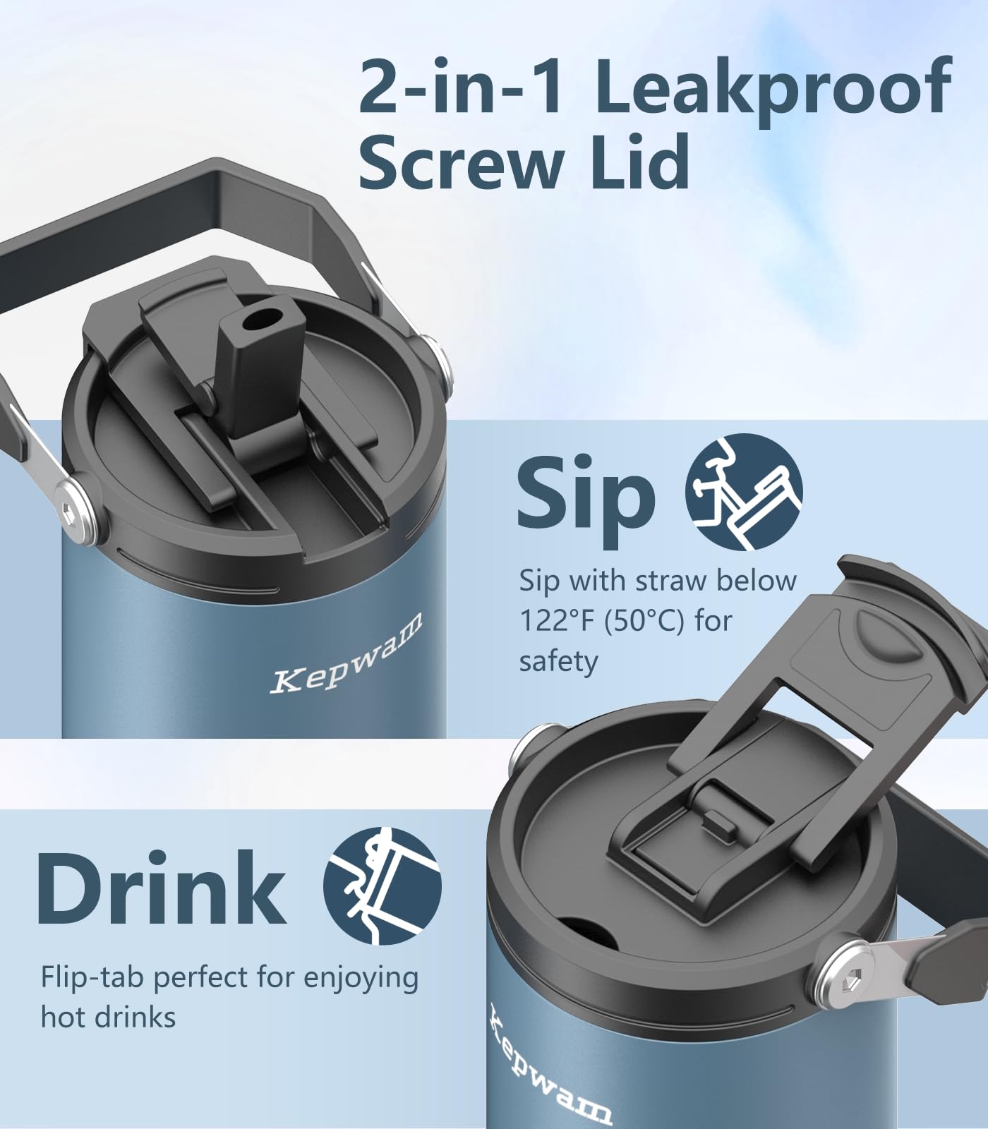Tapa anti-fugas con boquilla para beber en movimiento.