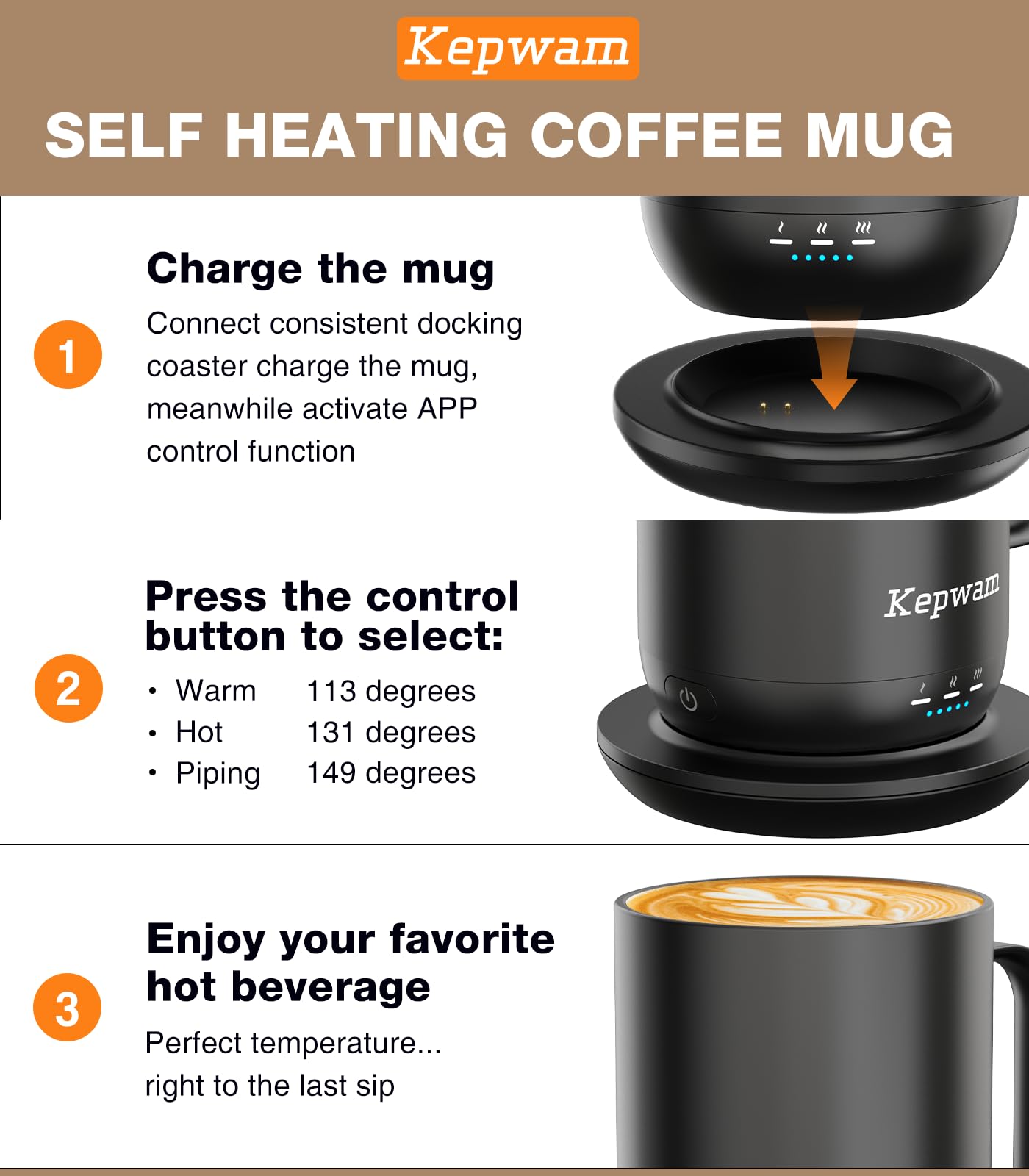 Kepwam Taza con base de carga para calor continuo