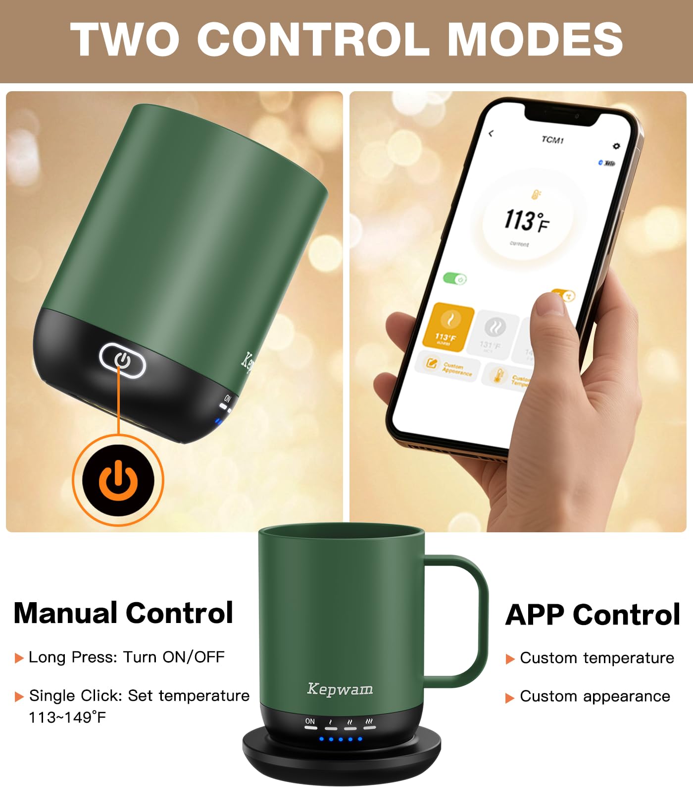Aislamiento de doble pared en la Kepwam Taza Calefactora Auto Calentante T1-16oz