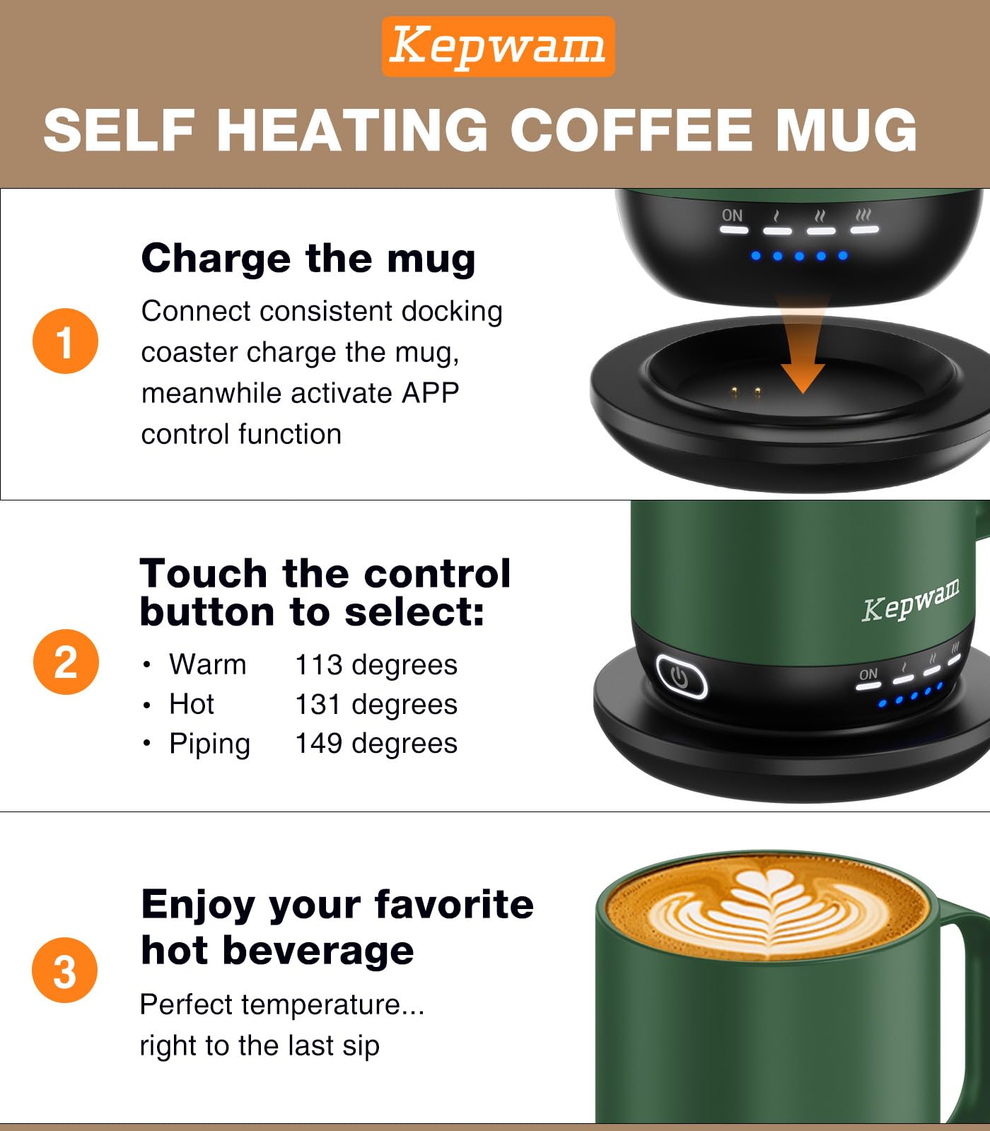 Revestimiento cerámico de la Kepwam Taza Calefactora Auto Calentante T1-16oz