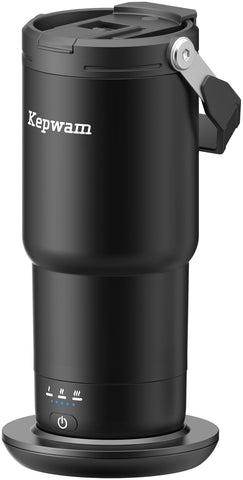 Kepwam Taza de viaje autocalentante 20oz en uso, mantiene el café caliente durante el trayecto