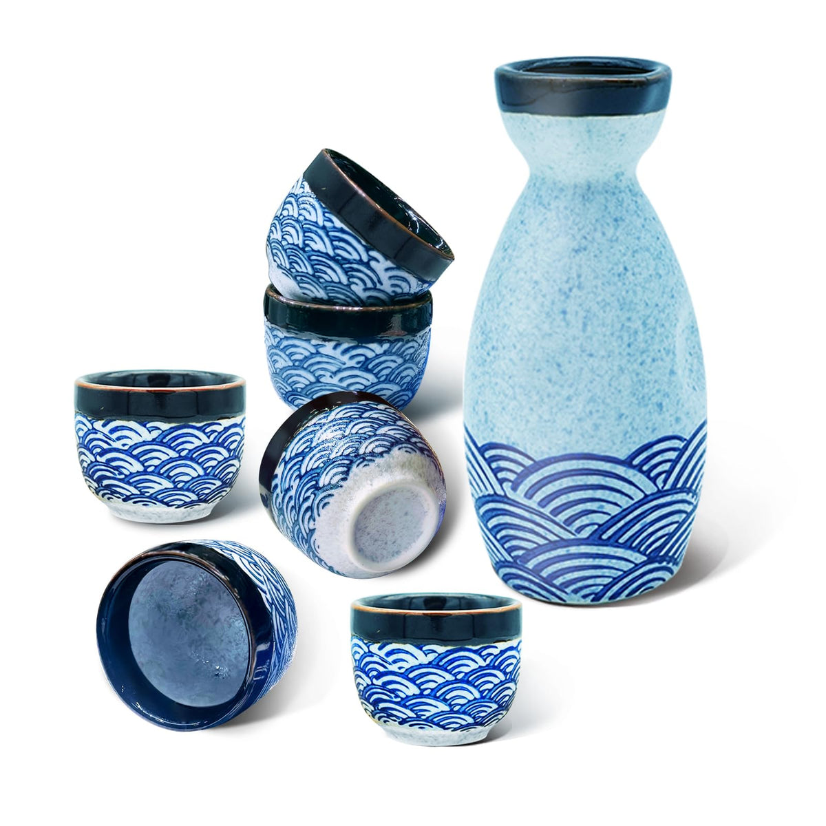 KeQiu botella de sake cerámica azul con ola, ideal para servir sake