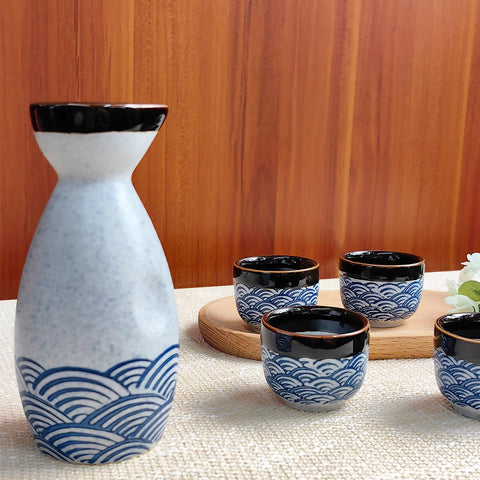 KeQiu juego de sake, patrón de ola azul en cerámica