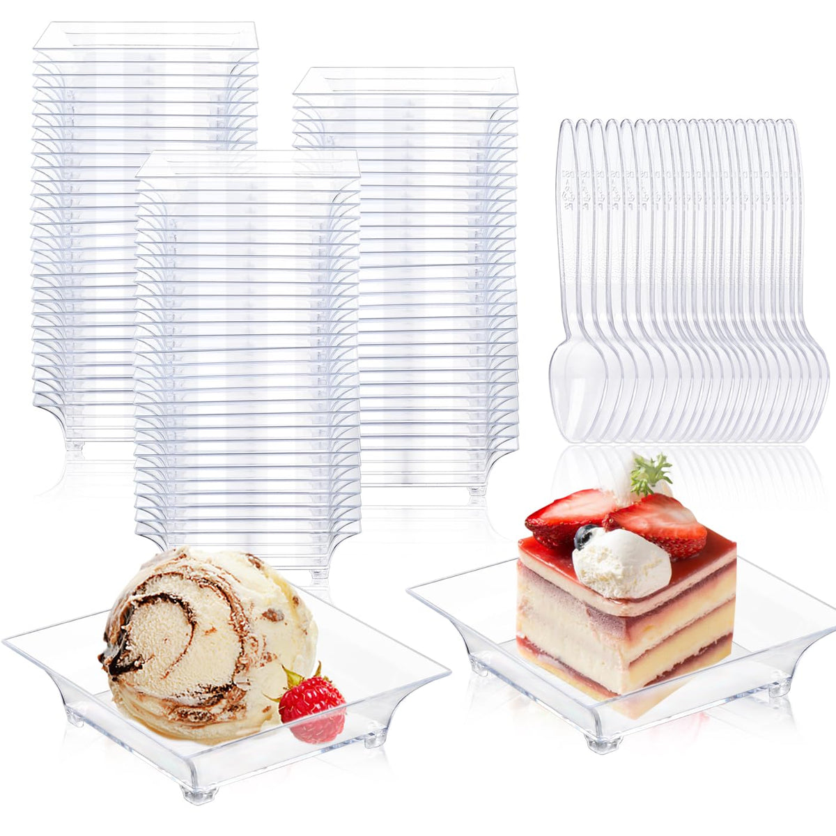 KesaPlan: platos dulces mini transparentes para 150 porciones, presentación elegante.