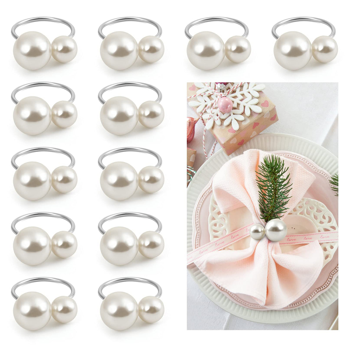 Kesote anillos servilleta perlados plata, juego de 12, para una mesa elegante