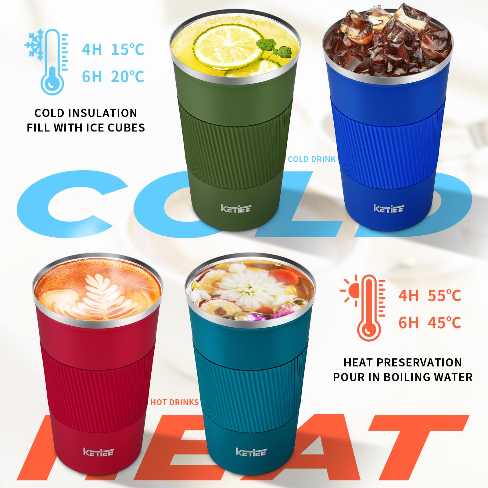 Taza KETIEE en acero inoxidable, aislada, conserva la temperatura de la bebida durante el día.