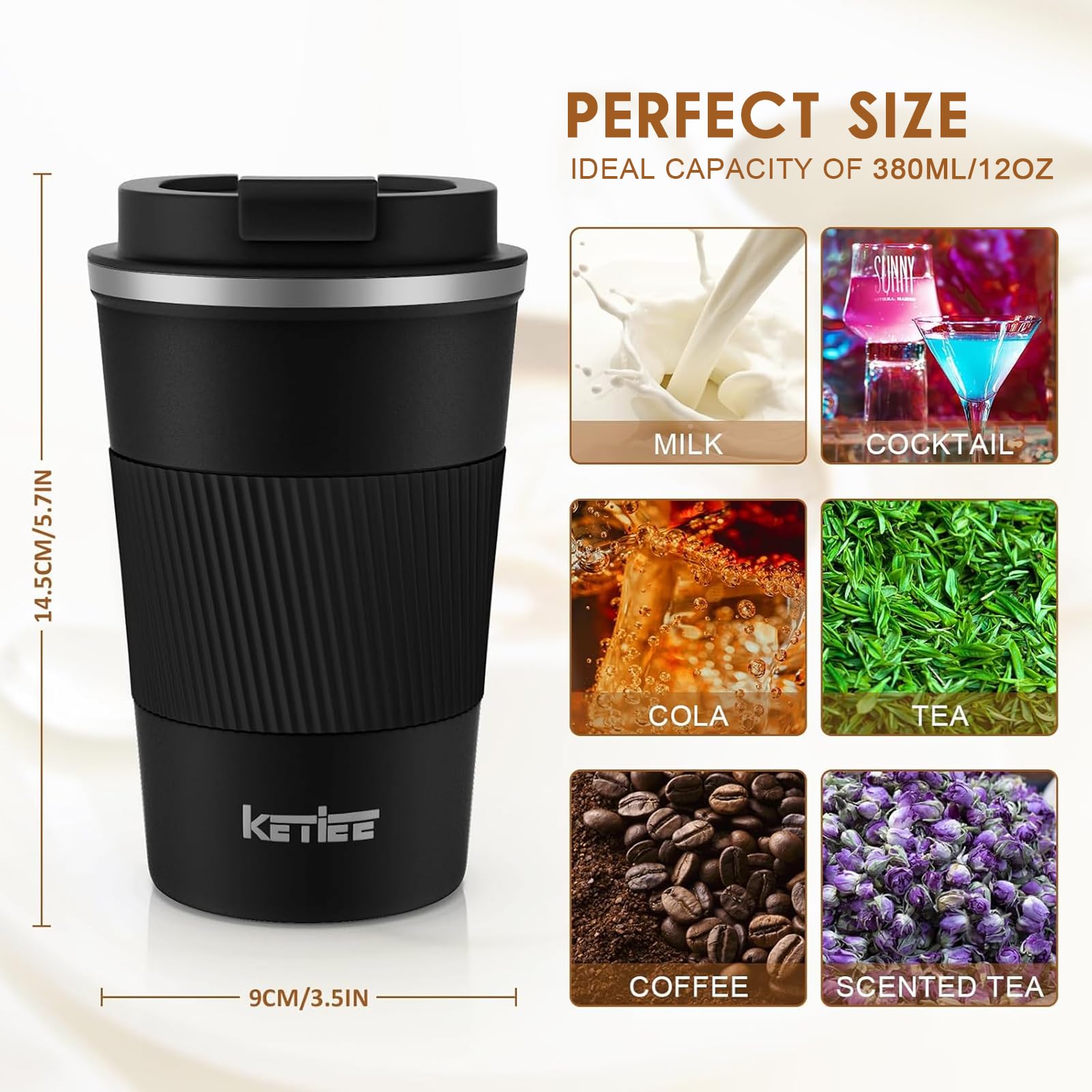 KETIEE Taza de viaje 12oz con aislamiento doble mantiene bebidas calientes o frías