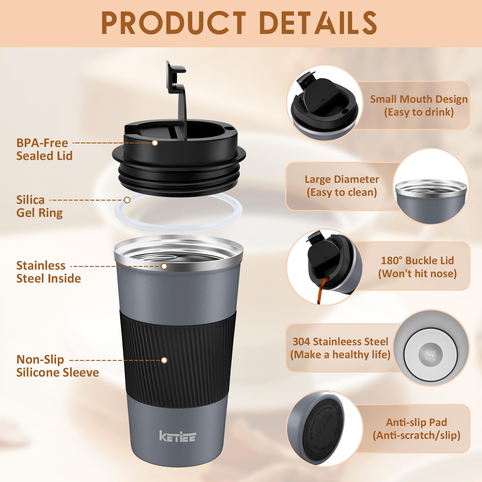 KETIEE Taza de acero inoxidable 18/8 aislada mantiene bebidas calientes o frías