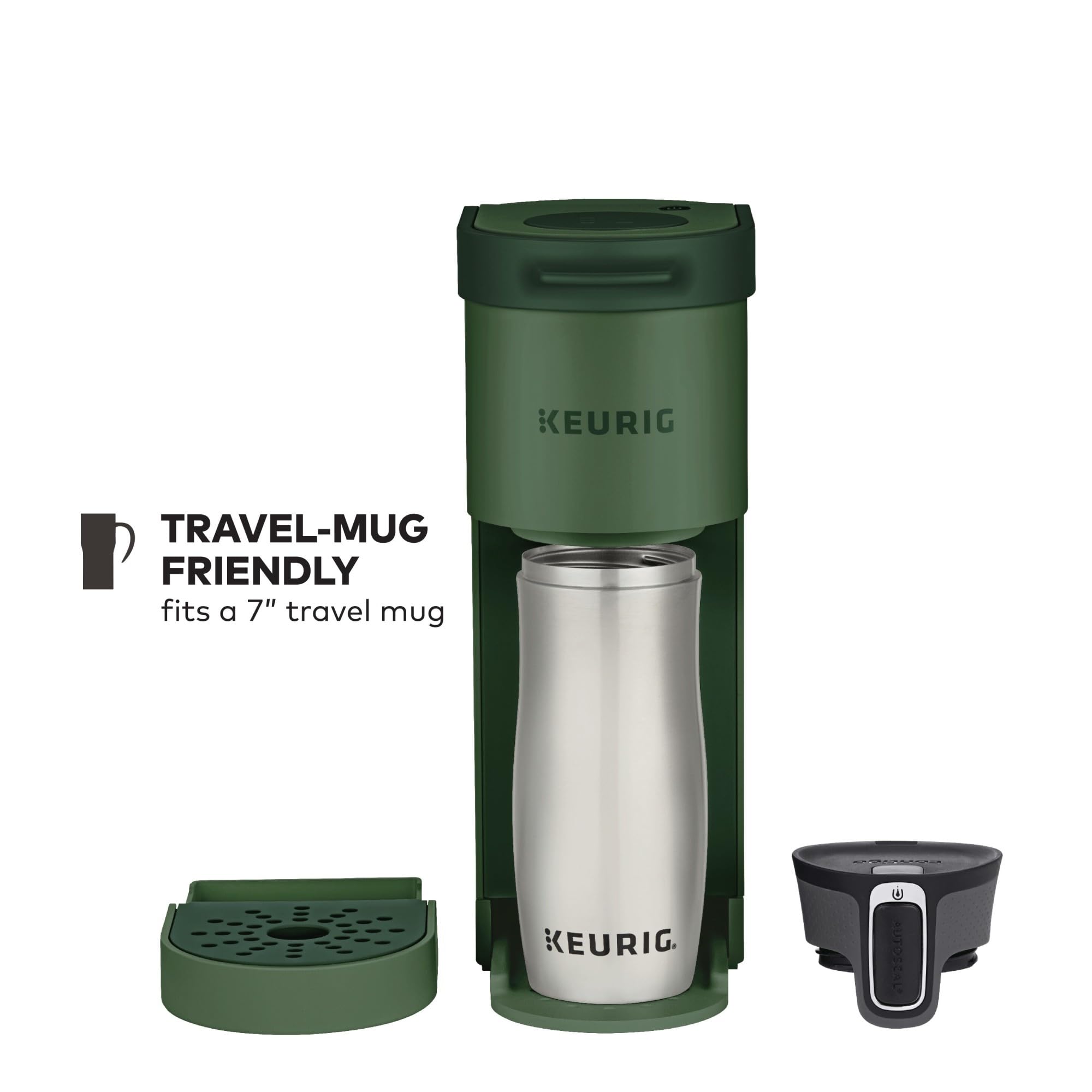 Keurig K-Mini, apta para tazas de viaje, limpieza sencilla.