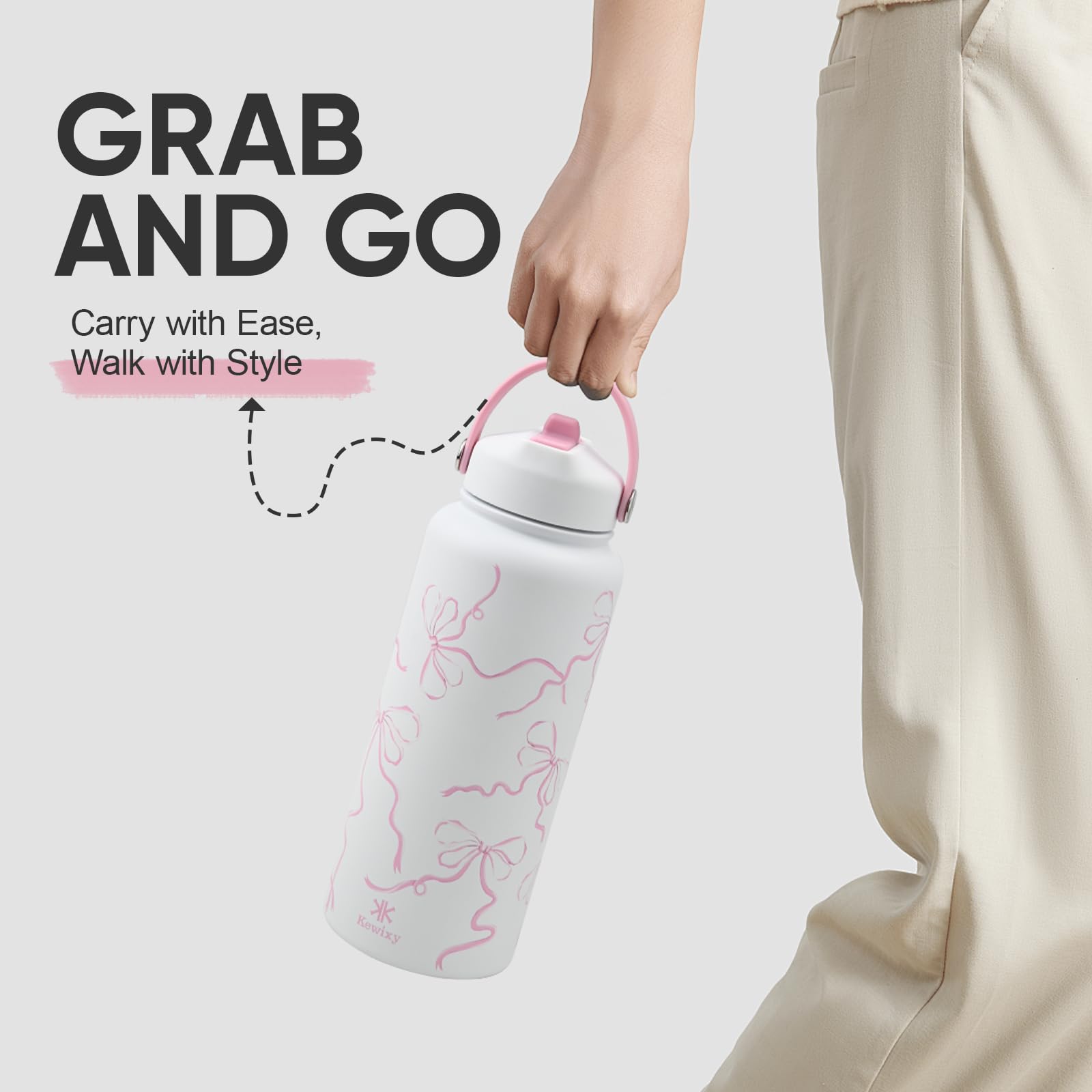 KEWIXY Bow Breeze Pink, boca ancha para rellenar y limpiar con facilidad.