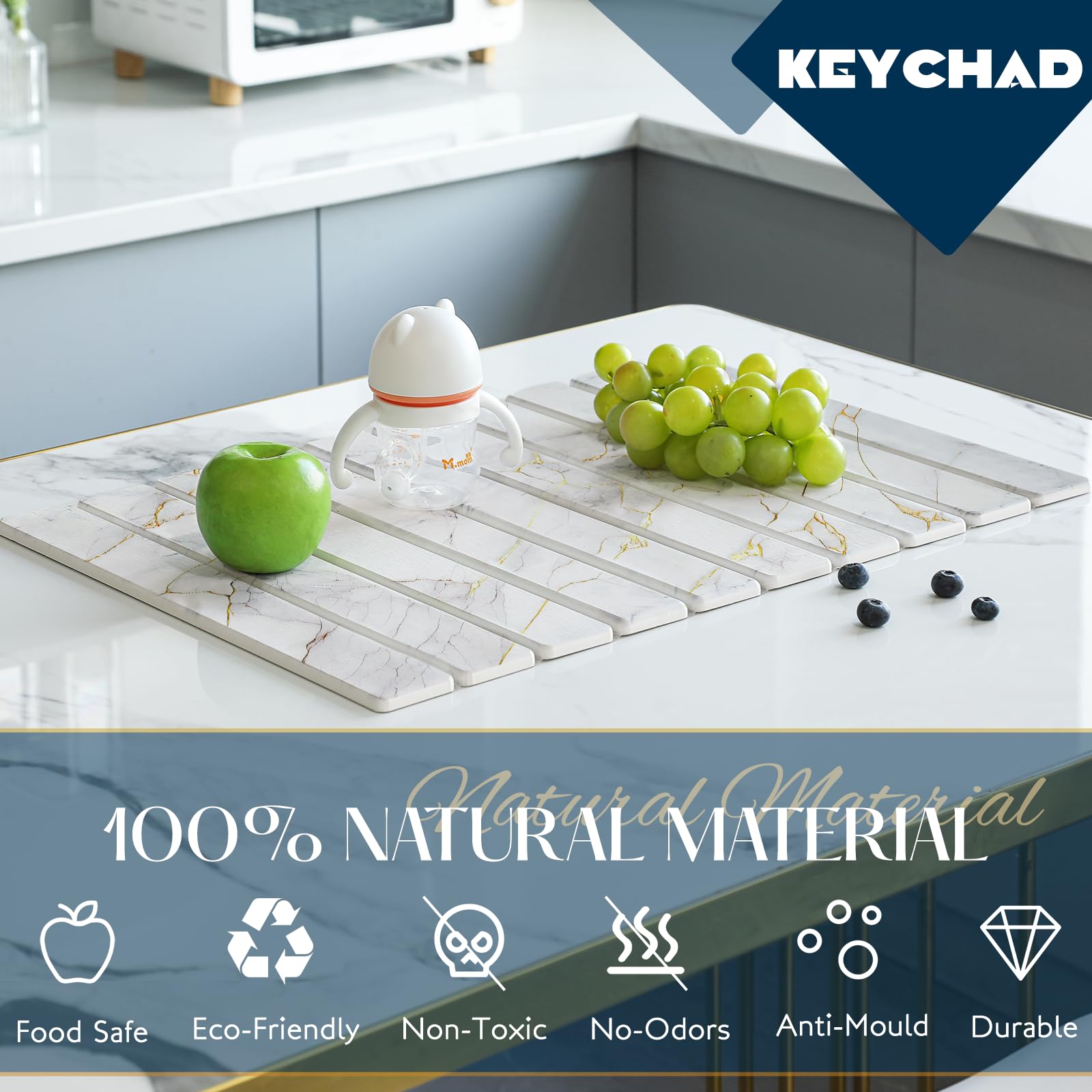 KEYCHAD secado de platos y copas sobre tapa piedra grande