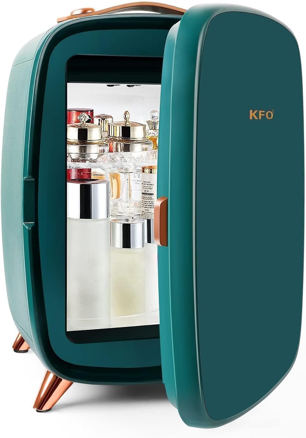 KFO Mini Nevera 6L en escritorio mantiene cosméticos frescos para uso diario.