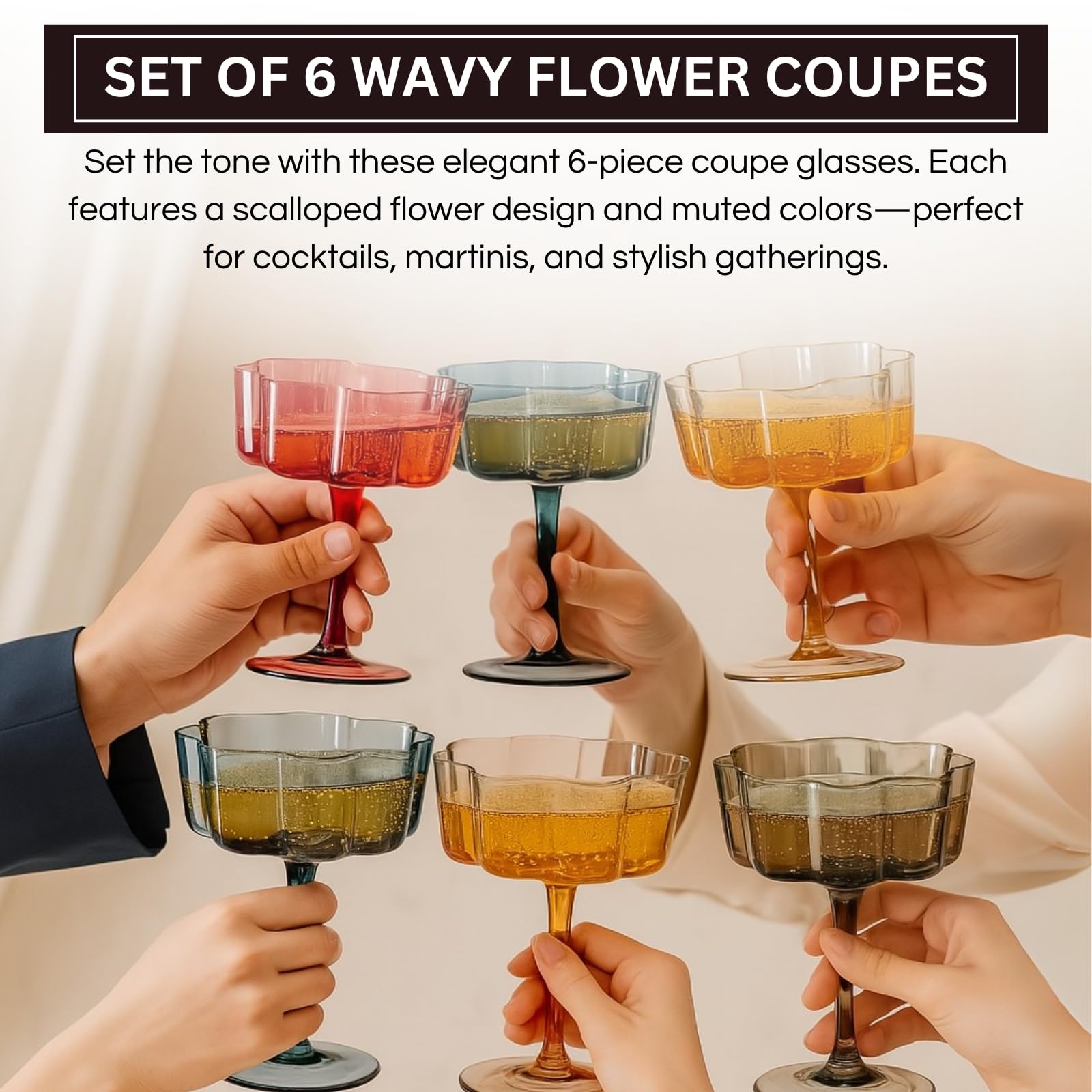 Copa Khen Flower Vintage cocktail, forma ondulada que mejora la experiencia de degustación.