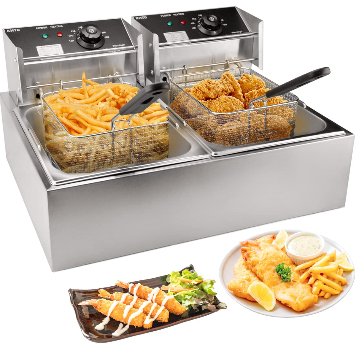 KHTD Freidora comercial con dos cestas para fritos en gran cantidad.