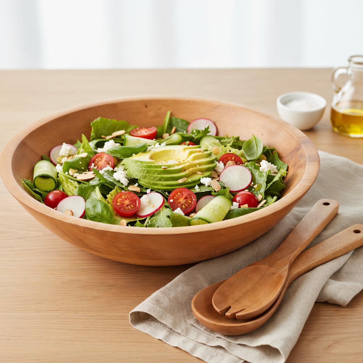 KIBAGA ensaladera grande de madera natural, ideal para servir ensaladas en la mesa.