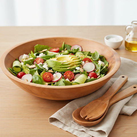 KIBAGA ensaladera grande de madera natural, ideal para servir ensaladas en la mesa.
