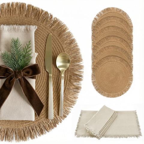 KIBAGA manteles boho para mesa, seis piezas, textura cálida y fácil limpieza.