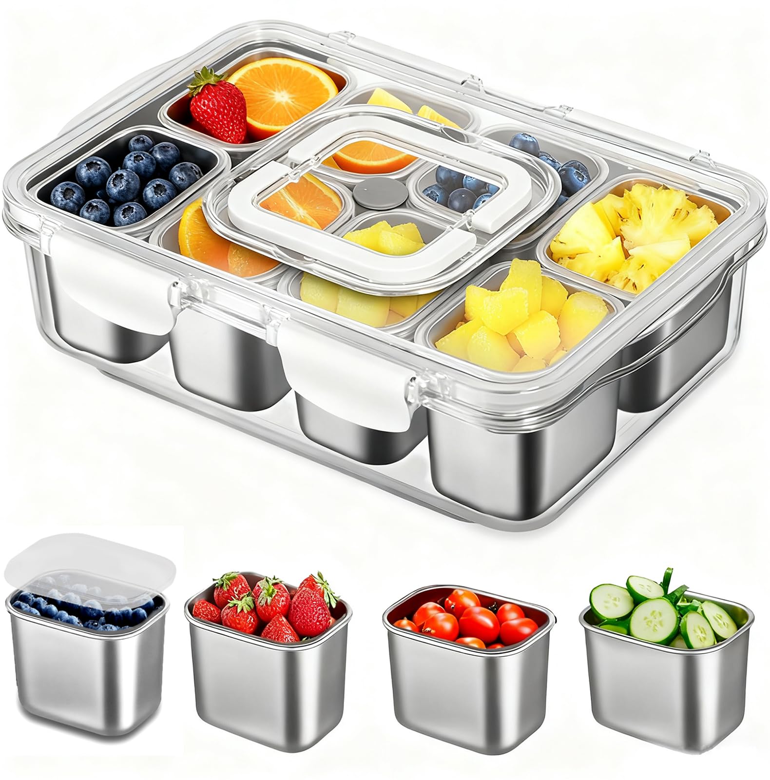 Kidinit Snackle Box en acero inoxidable con 8 compartimentos para snacks frescos.