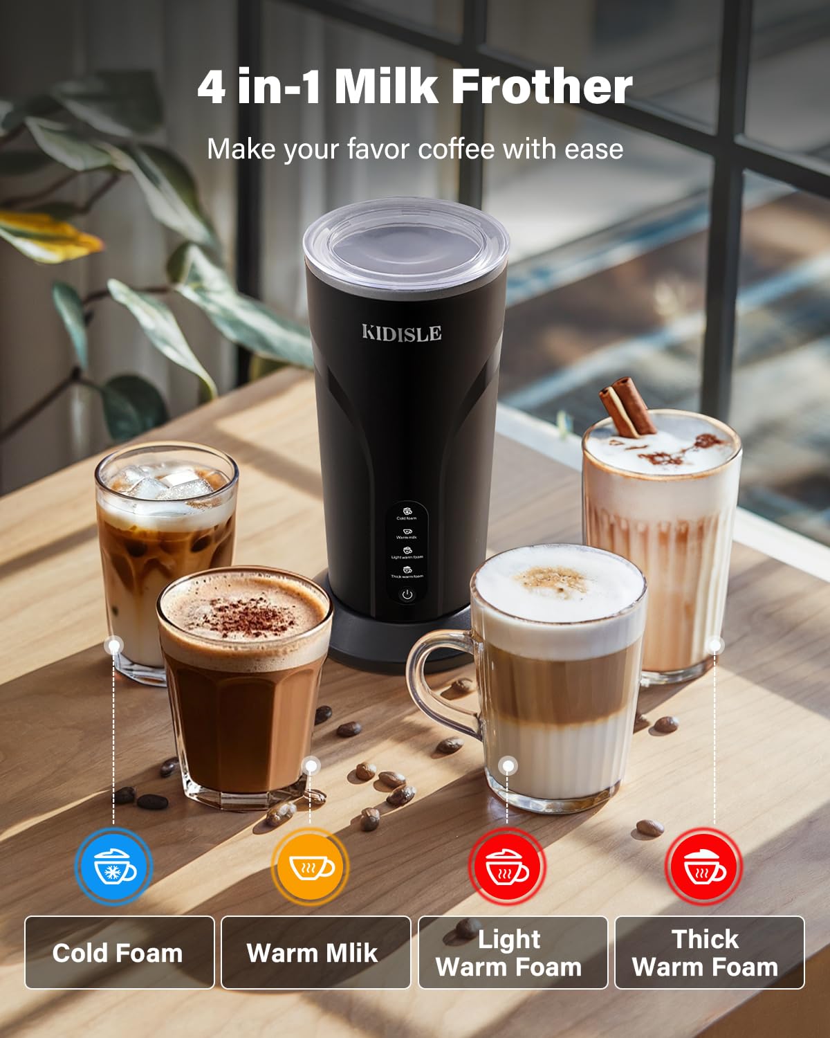 KIDISLE batidora de leche 4 en 1 con espuma tibia suave para cappuccinos cremosos
