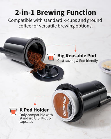 KIDISLE Cafetera mostrando compatibilidad con K-Cup y café molido