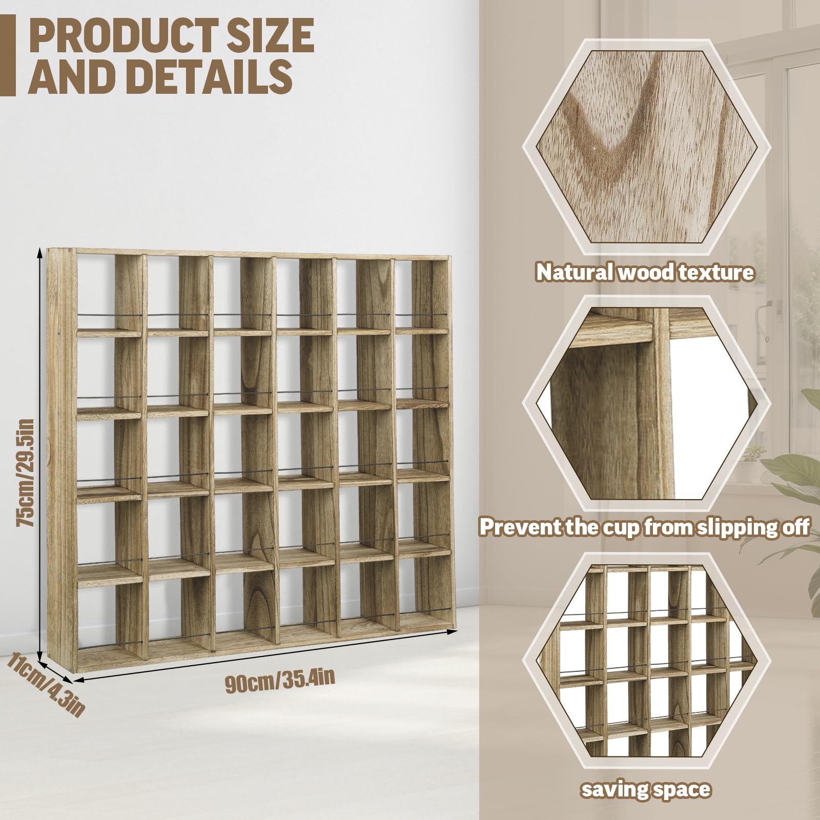 Kigley display de madera rústica para tazas, mueble duradero para colección.