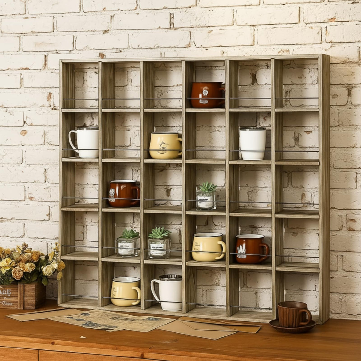 Kigley estante oversize para tazas en pared, organización y exhibición elegante.