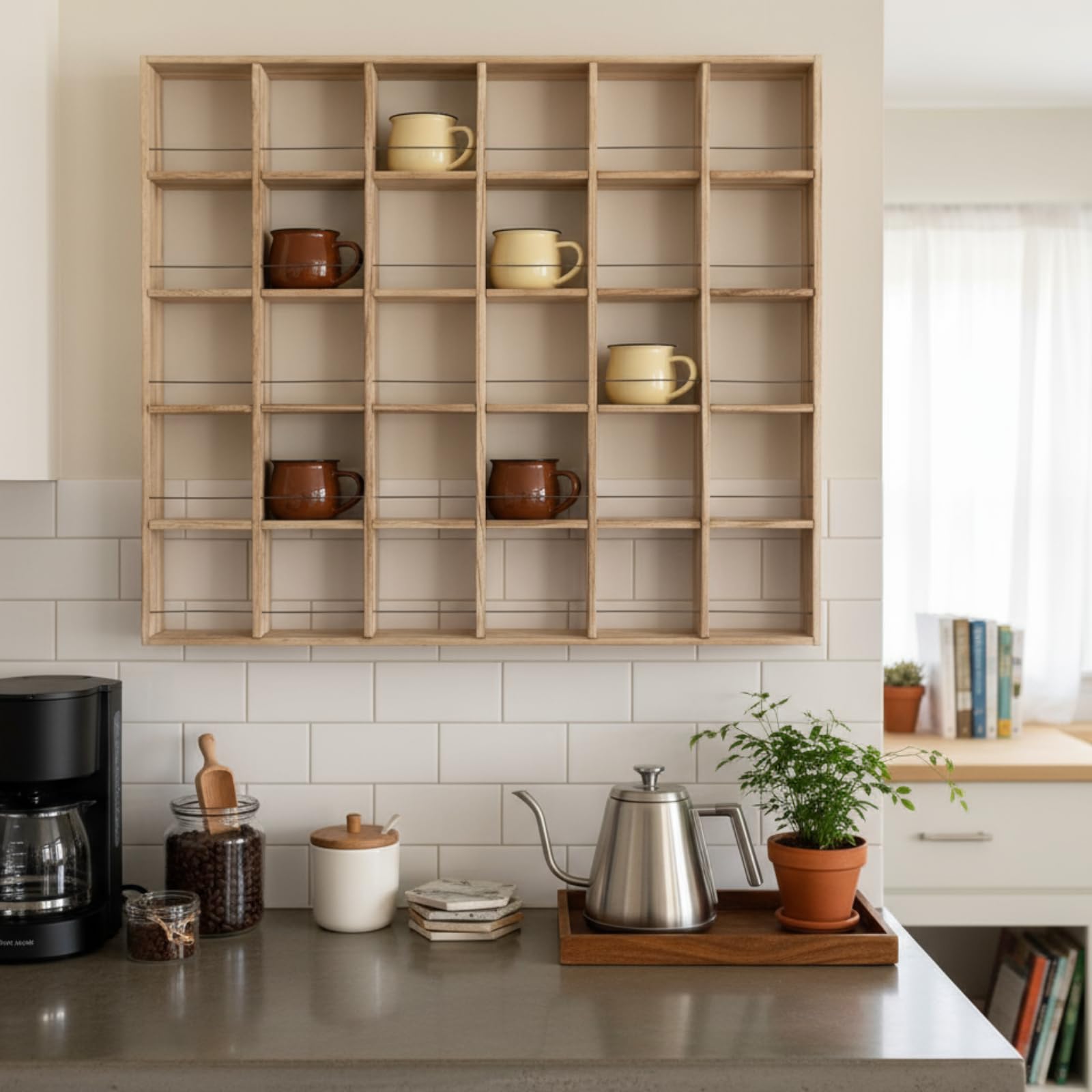Kigley estante para tazas con espacio superior personalizable, almacenamiento adicional.