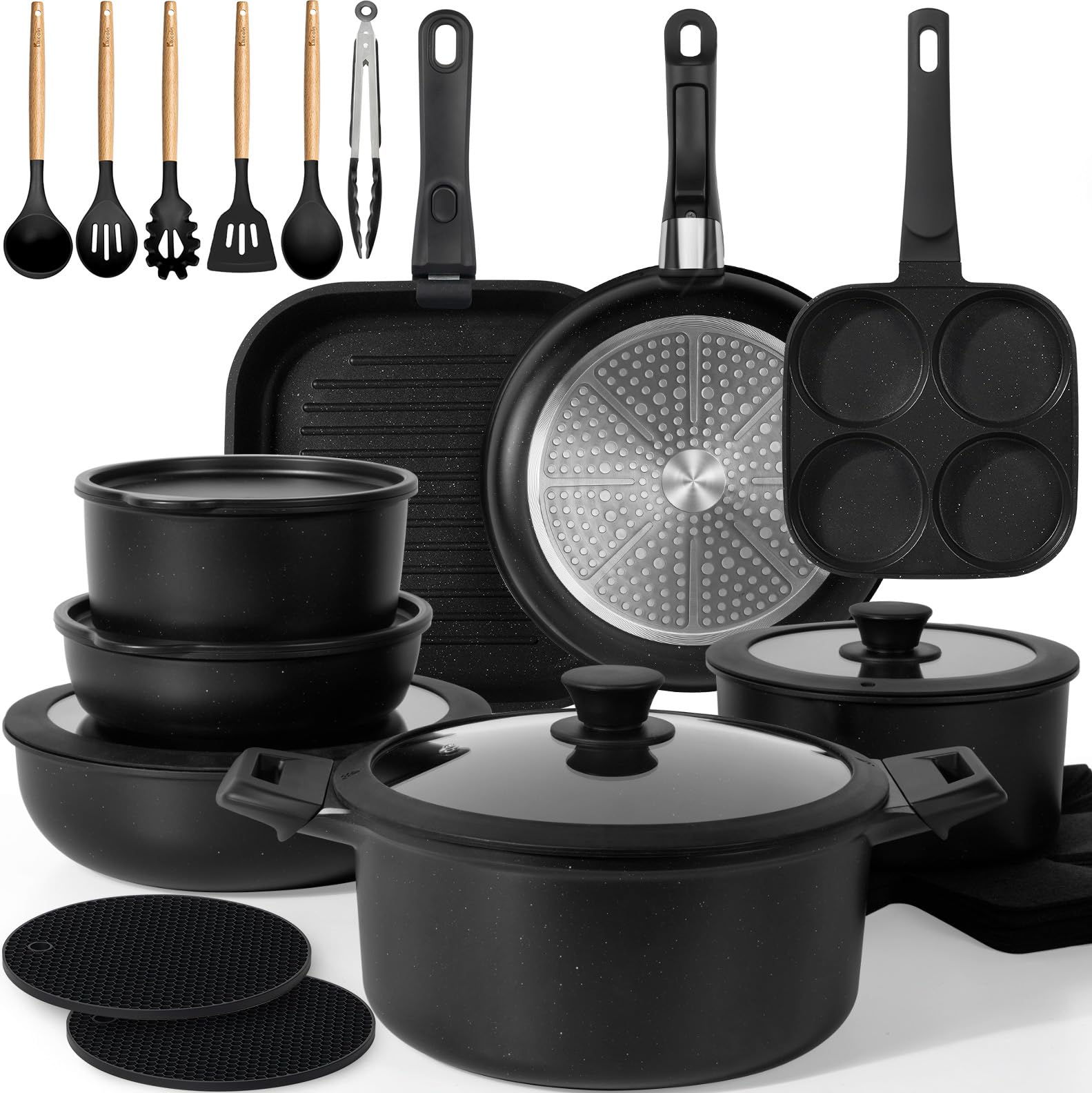 KIKCOIN set de ollas desmontable para almacenamiento compacto y cocina eficiente.