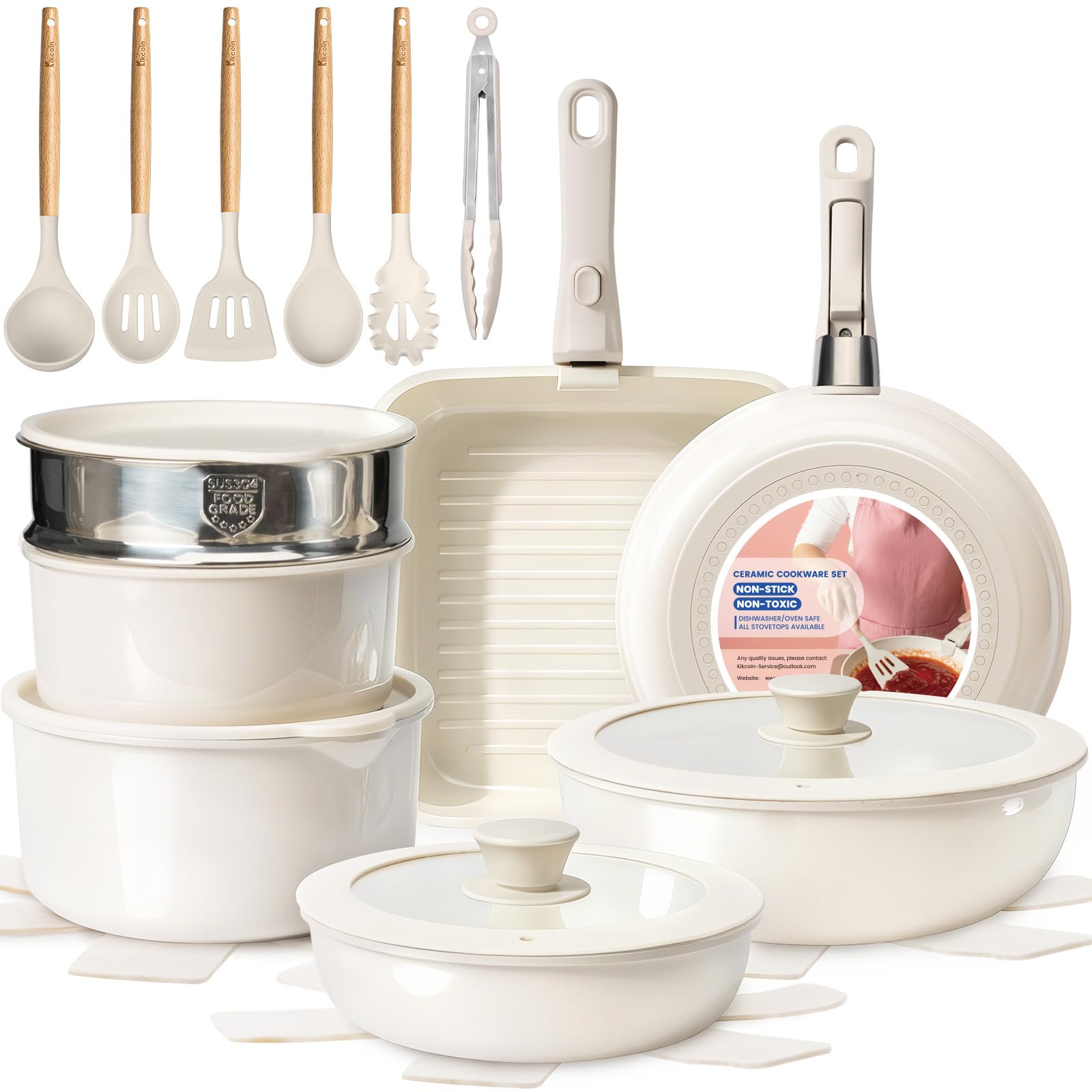 Kikcoin set de ollas y sartenes cerámicas de 25 piezas, ideal para cocinar en familia.