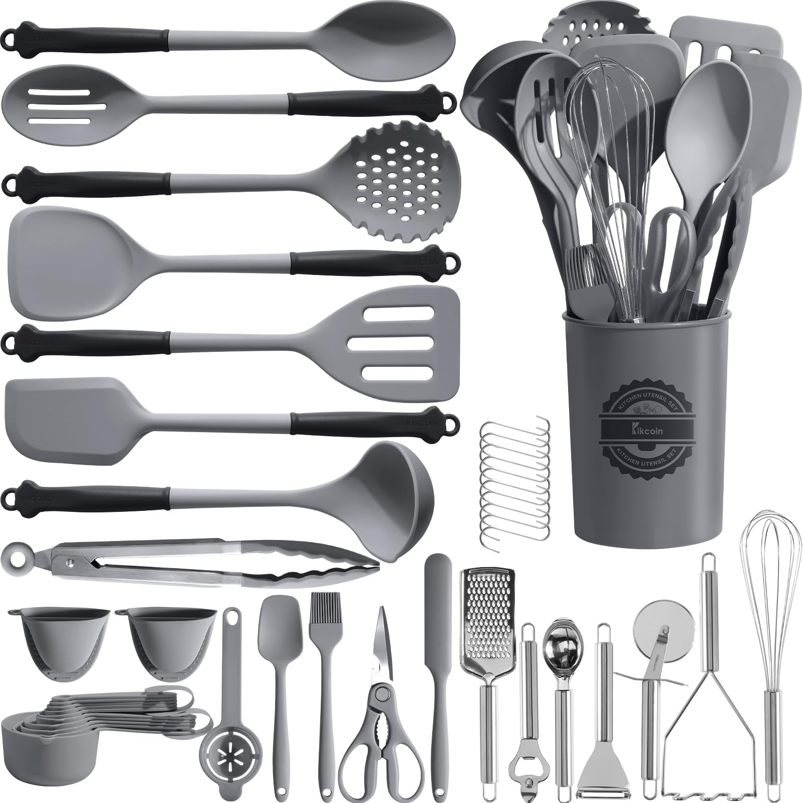 Kikcoin set de utensilios 43 piezas frontal para almacenamiento ordenado y uso cómodo.