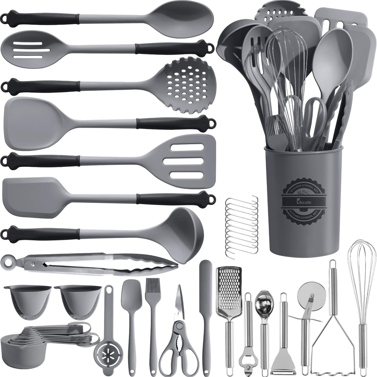 Kikcoin set de utensilios 43 piezas frontal para almacenamiento ordenado y uso cómodo.