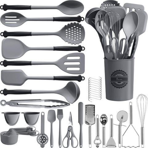 Kikcoin set de utensilios 43 piezas frontal para almacenamiento ordenado y uso cómodo.