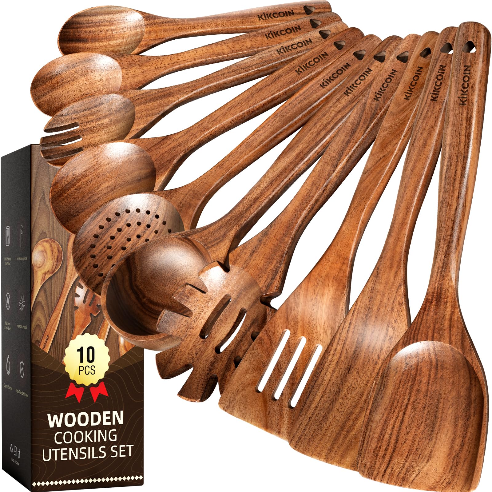 Kikcoin set de utensilios de cocina en teca, 10 piezas, ideal para uso diario sin rayar sartenes.