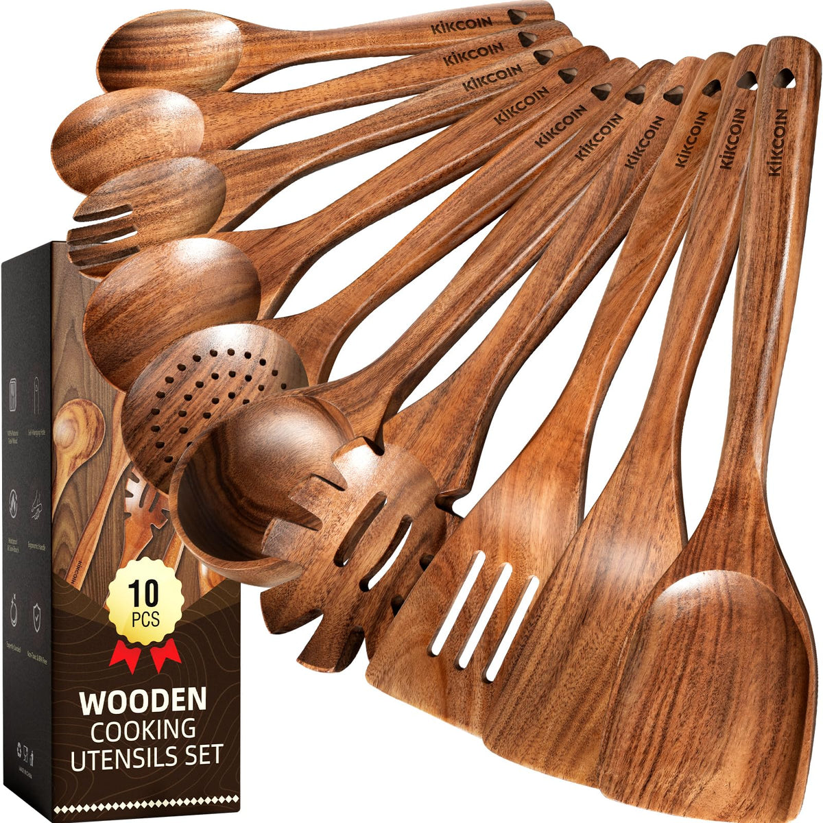 Kikcoin set de utensilios de cocina en teca, 10 piezas, ideal para uso diario sin rayar sartenes.