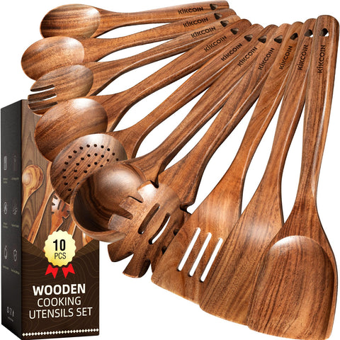 Kikcoin set de utensilios de cocina en teca, 10 piezas, ideal para uso diario sin rayar sartenes.