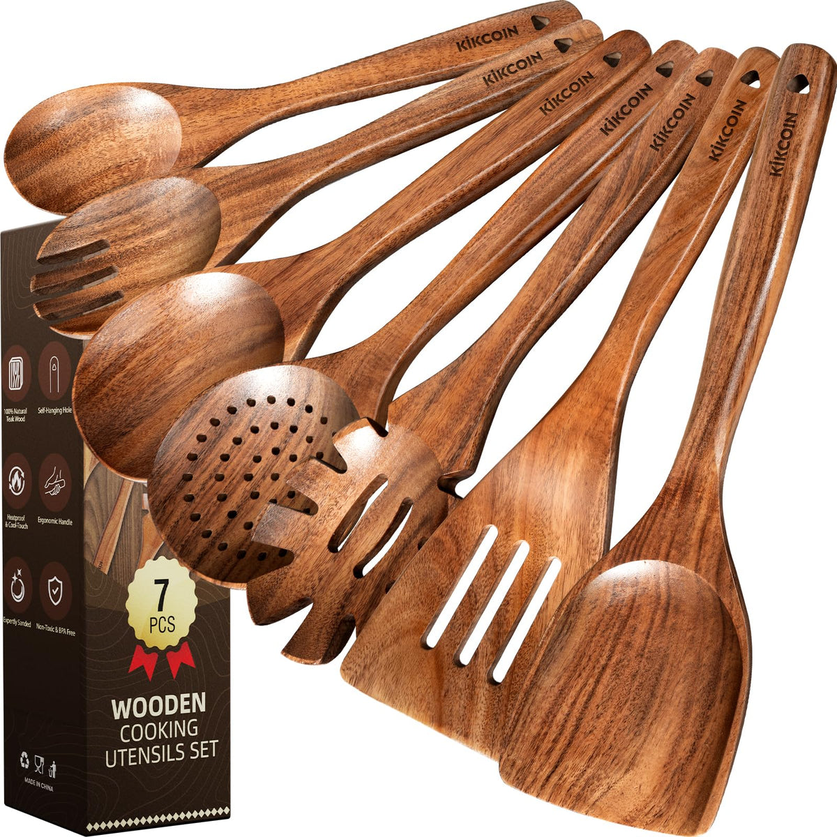 Kikcoin set de utensilios de teca con mango largo para cocinar sin quemarte