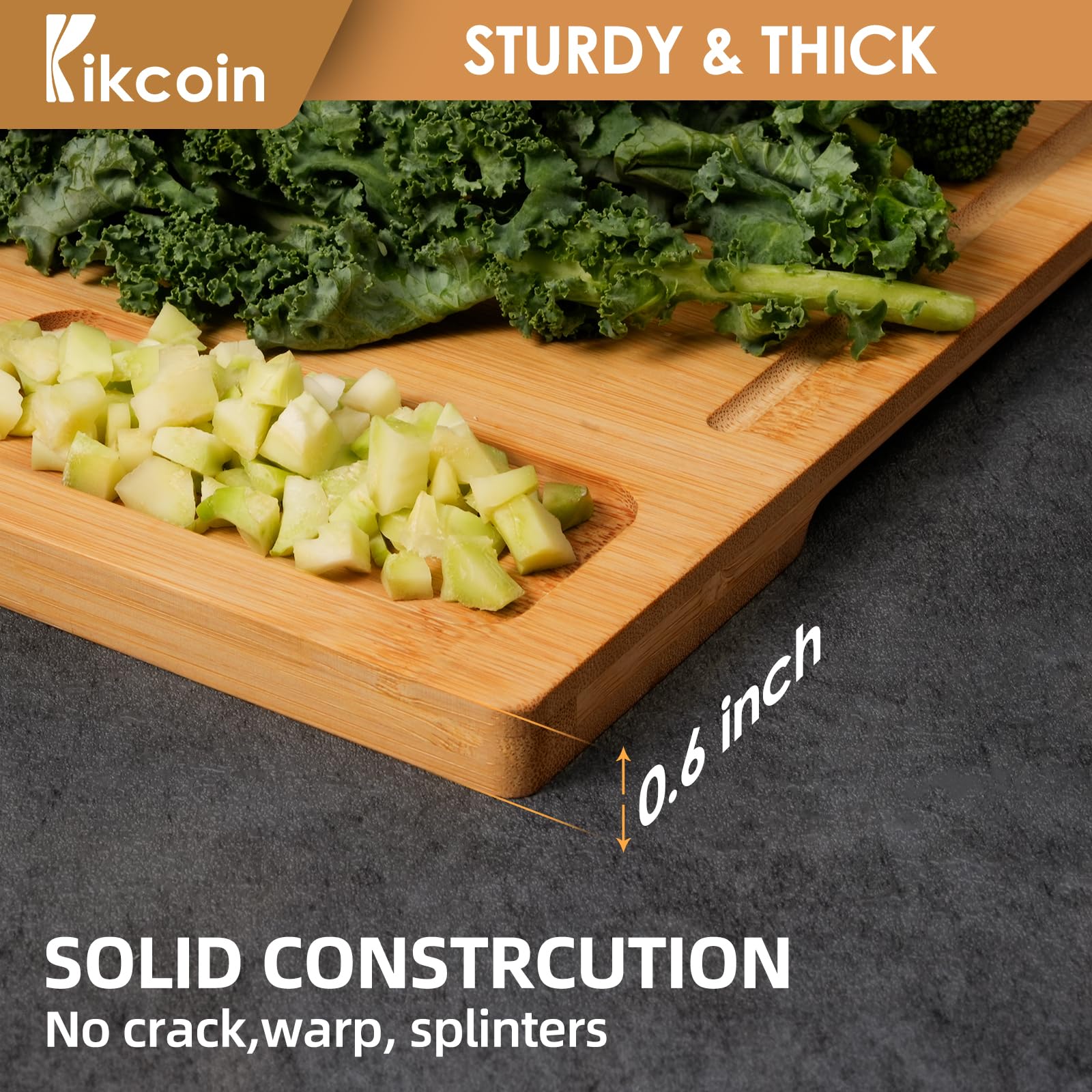 Kikcoin tabla mediana con ranuras para jugo, ideal para frutas y verduras.