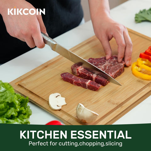 Kikcoin tabla de bambú con zanja de jugo profunda para evitar derrames