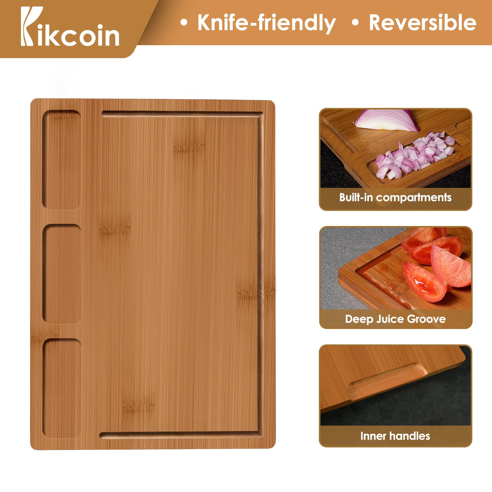 Kikcoin tabla extra grande de bambú con compartimentos para condimentos.