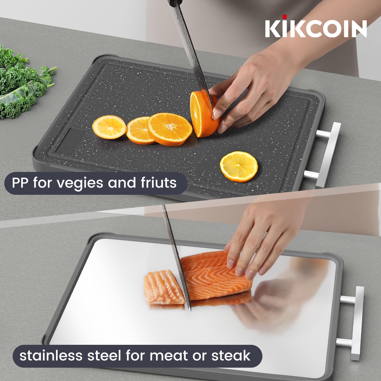 Tabla Kikcoin con zona de ajo integrada para preparar ingredientes.