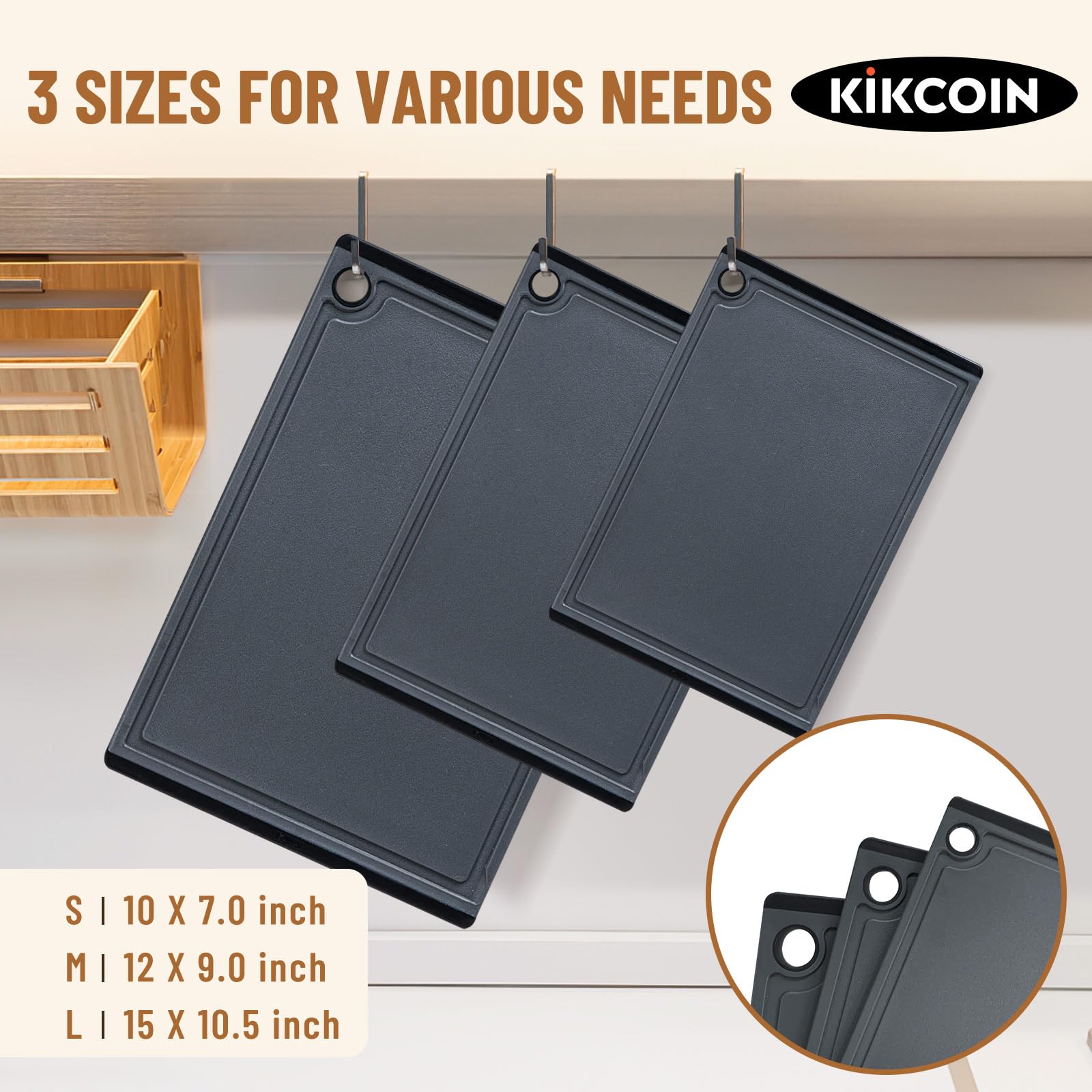 Kikcoin: tabla grande gris con canal para jugos, ideal para carnes.